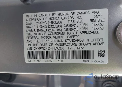 2017 Honda Cr-V Ex z USA, uszkodzony, nr VIN 2HKRW2H55HH633206